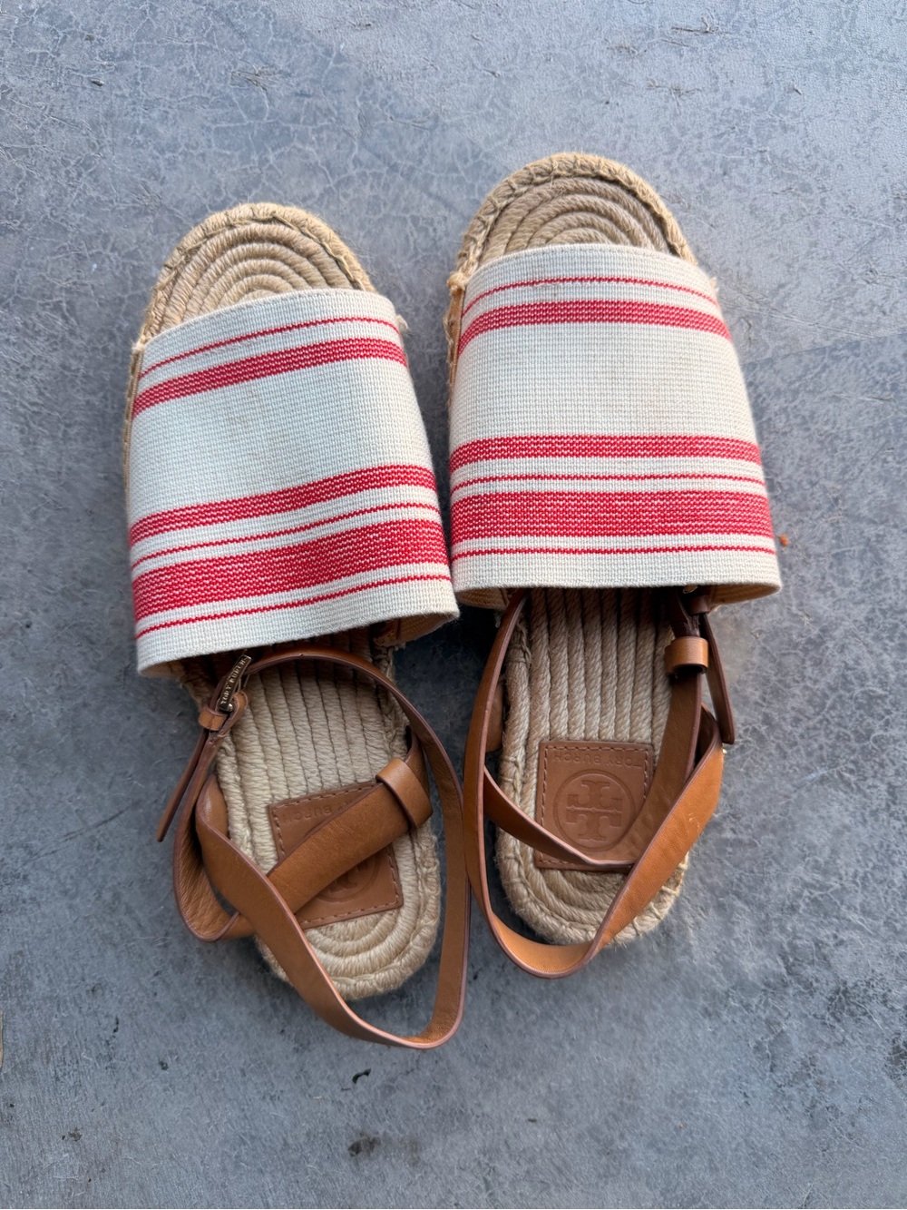 Tory Burch Stripped Canvas Espadrille Slide Sandals - Red & Tan Size 8